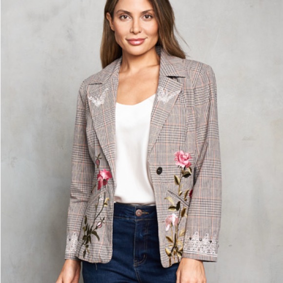 Floral Embroidered Plaid Blazer Jacket - Pink Accents